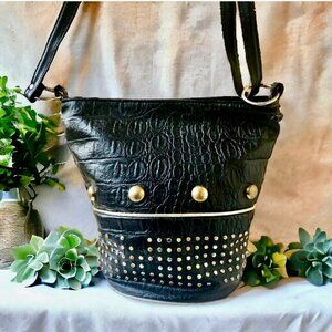 BAIKAL New York Vintage Black Faux Leather Croc Print Bucket Bag Crossbody flaws